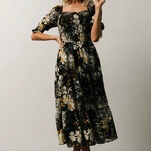 Baltic Born Floral Black and Yellow Midi Dress